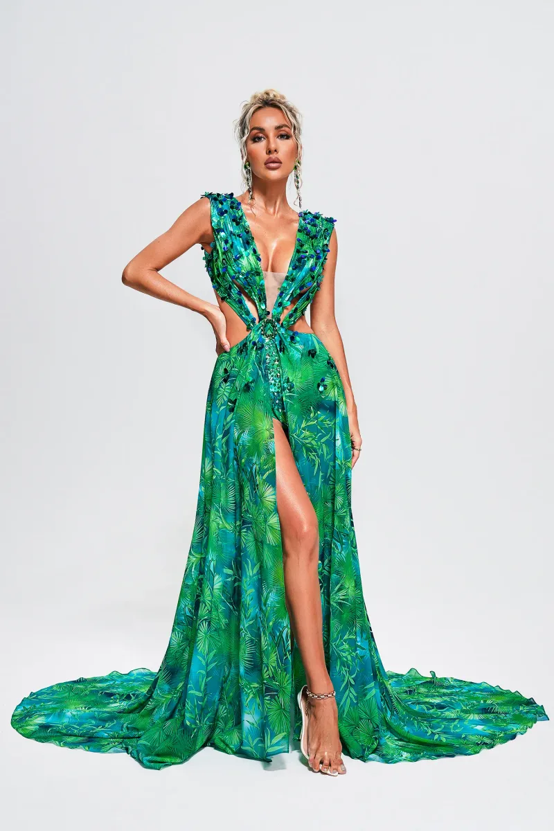 Vestido Maxi Yoland Estampado com Aplicações