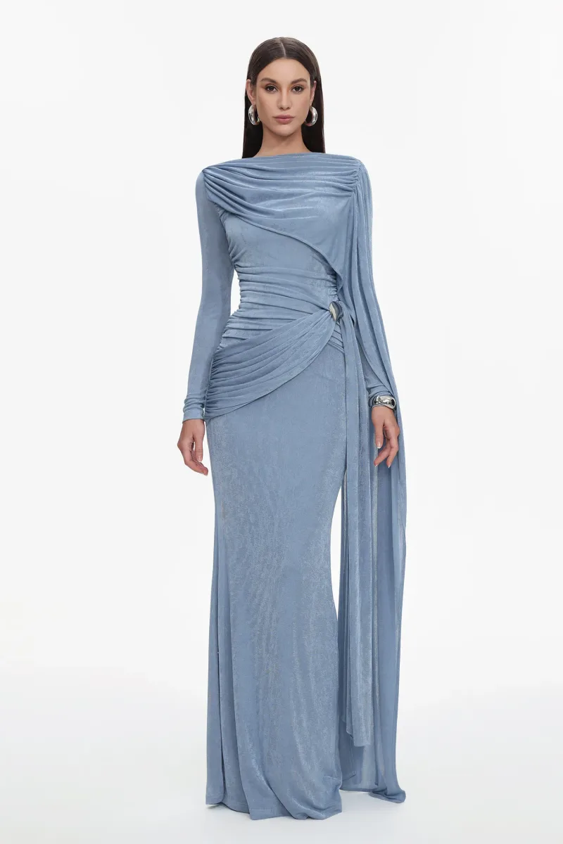 Vestido Maxi Azul Tihila com Pregas e Manga Longa