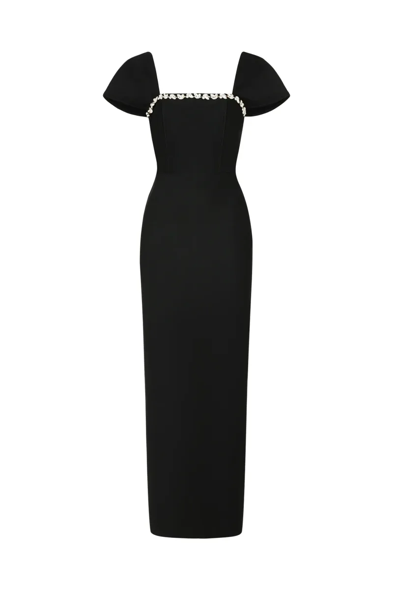 Vestido Maxi Romelle com Manga Curta e Aplicação Diamante