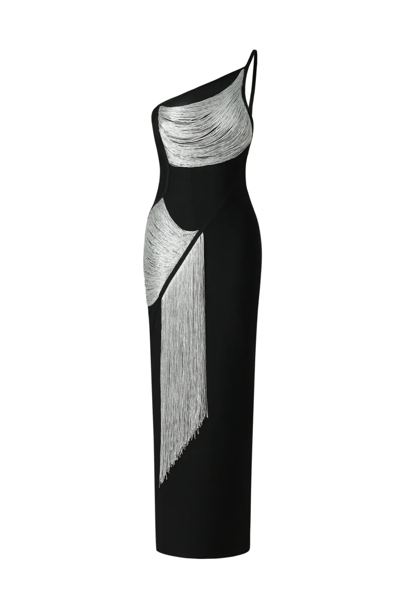 Vestido Maxi Roanna com Um Ombro e Franjas