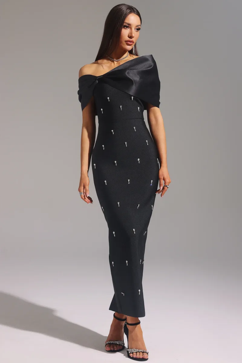 Vestido Maxi Palez Sem Alças com Laço em Strass