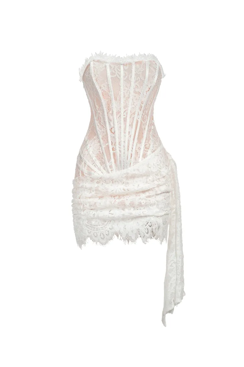 Vestido Mini Rosel Assimétrico em Renda - Branco