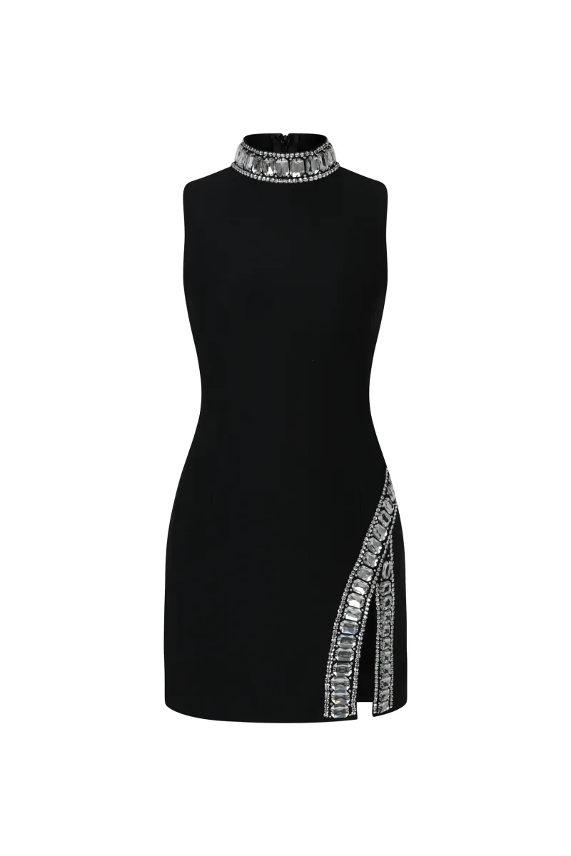 Vestido Mini Kianala com Decote Alto e Fenda Diamante