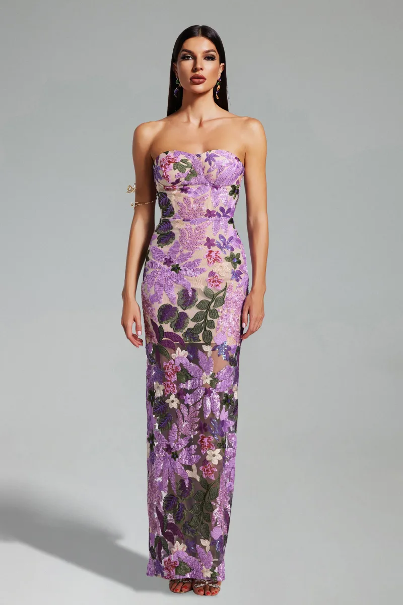 Vestido Eugenia com Flores em Paetê e Tule, Tomara que Caia