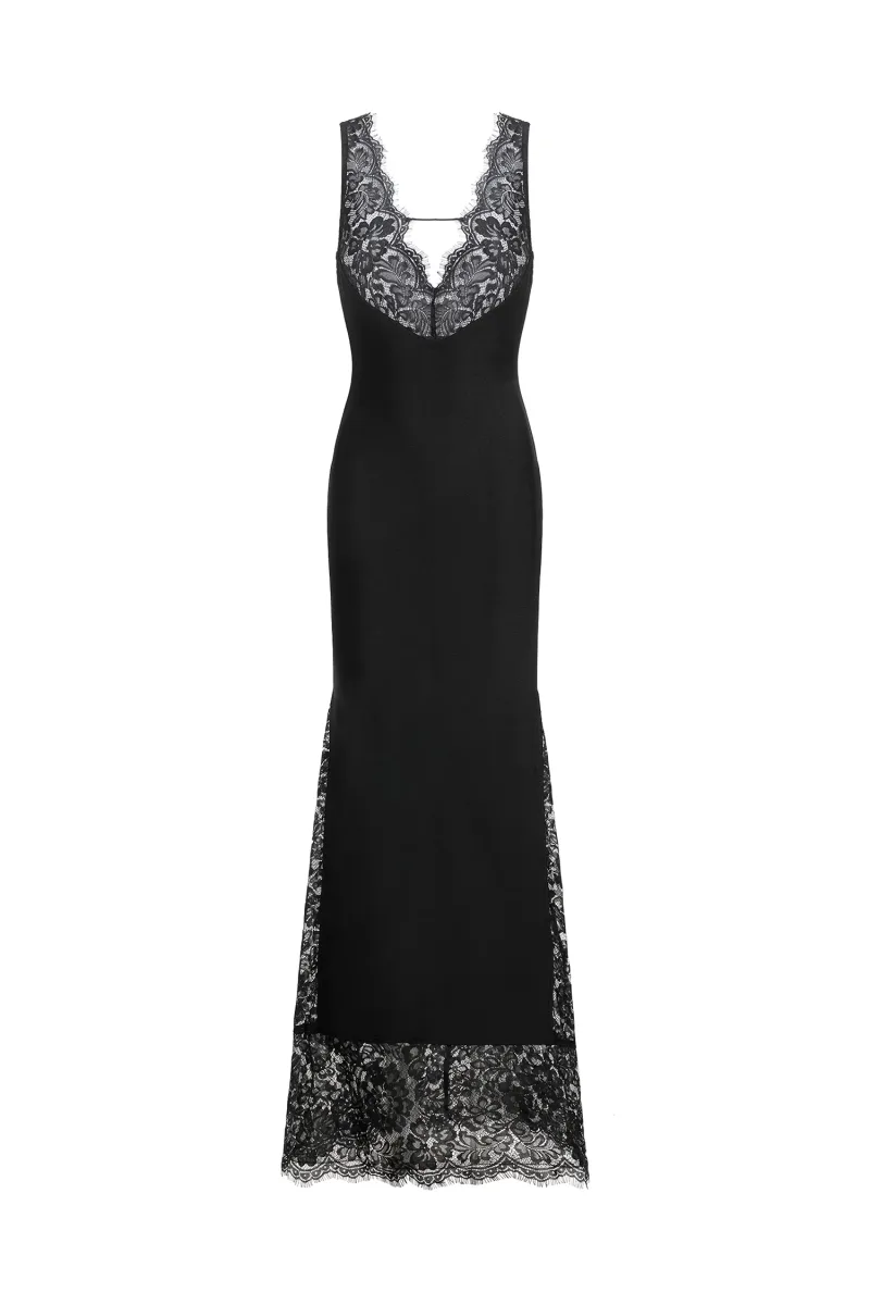 Vestido Maxi Janano em Renda com Decote em V Profundo - Preto