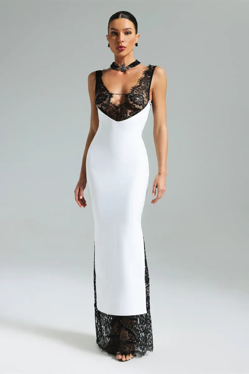 Vestido Longo Gunnhild com Renda e Decote em V