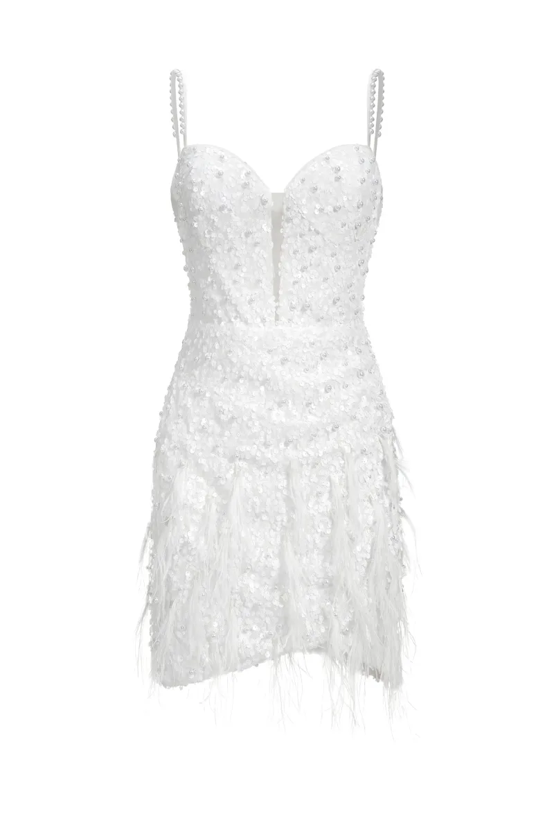 Vestido Mini Tryphosa com Paetês e Plumas