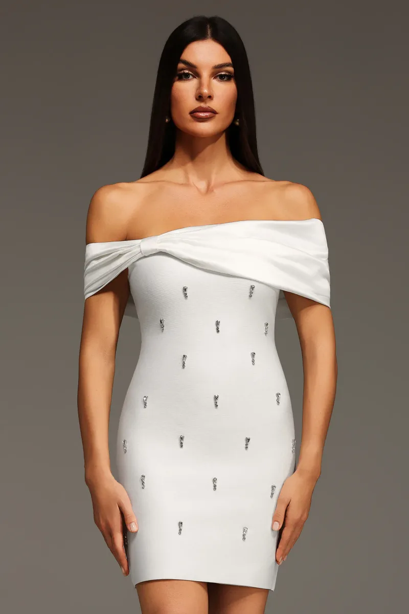 Vestido Mini Verney Ombro a Ombro com Laço de Diamantes