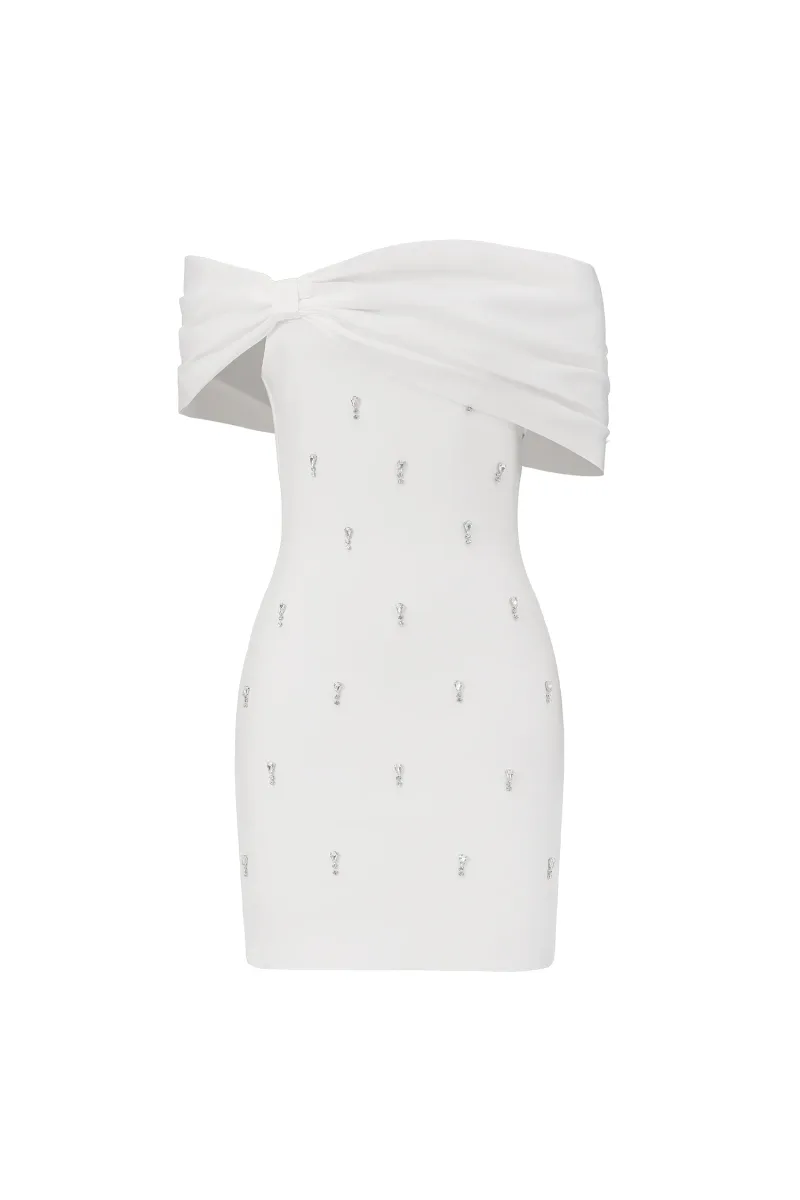 Vestido Mini Verney Ombro a Ombro com Laço de Diamantes