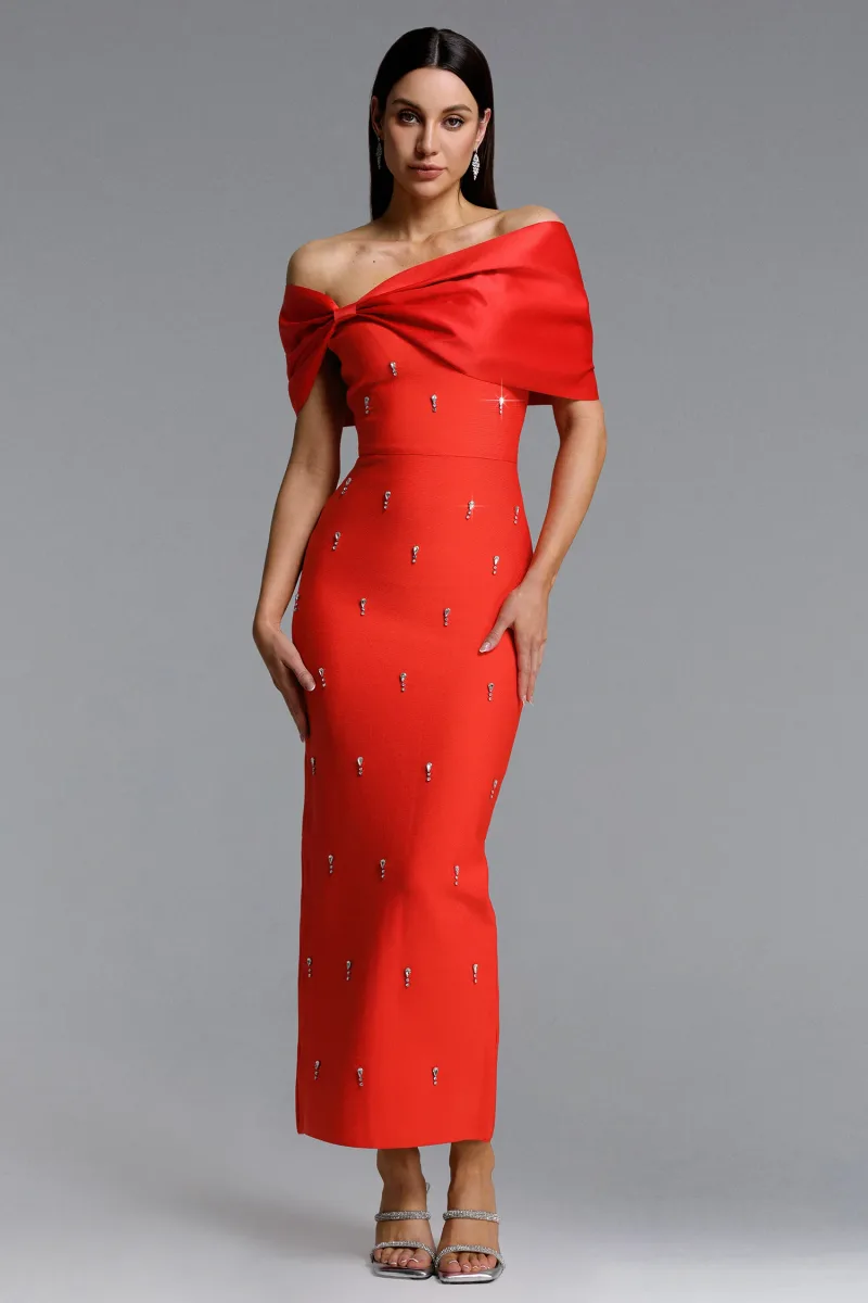Vestido Maxi Palez com Um Ombro e Laço de Diamantes