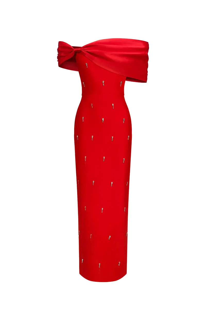 Vestido Maxi Palez com Um Ombro e Laço de Diamantes