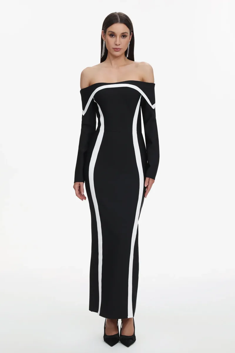 Maxi Dress Hilda Ombro a Ombro com Manga Longa