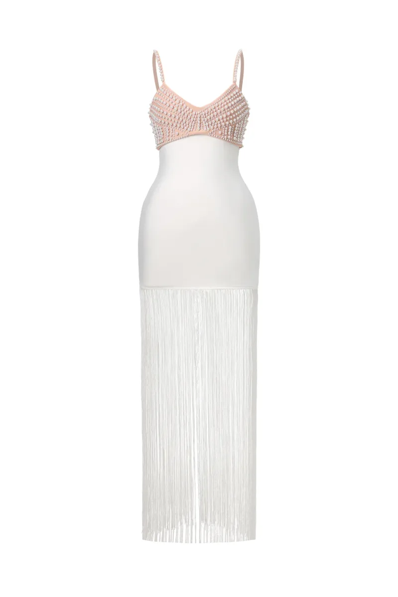Maxi Dress Zamiel Decote V com Franjas e Aplicações