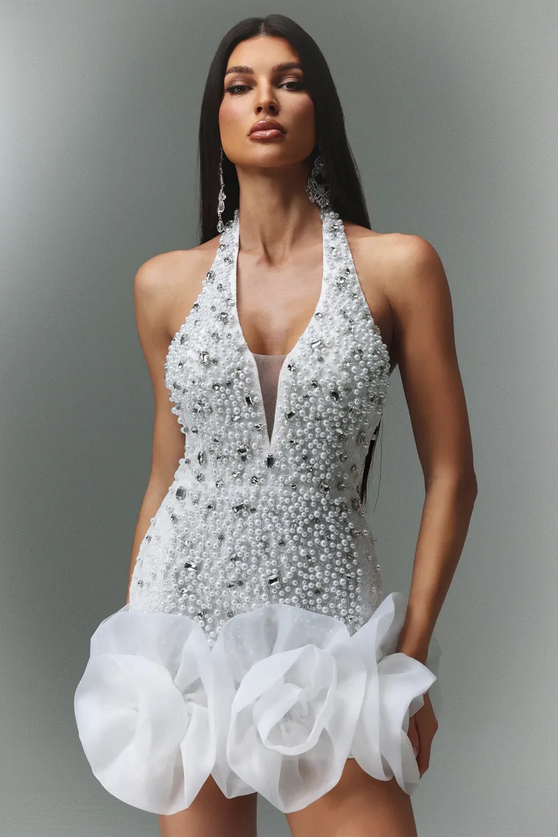 Vestido Mini Tove sem Mangas, Decote em V com Flores em Strass
