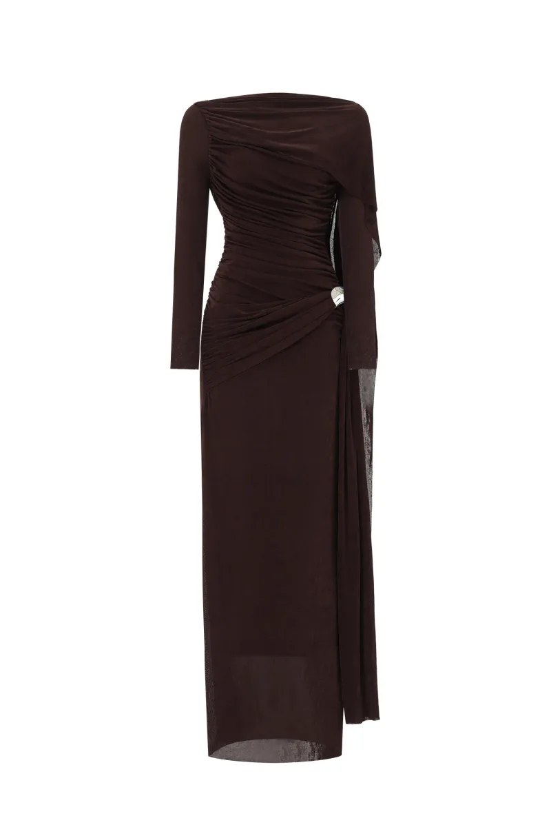 Vestido Maxi Tihila Manga Longa com Franzidos em Marrom