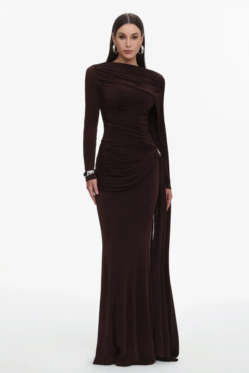 Vestido Maxi Tihila Manga Longa com Franzidos em Marrom