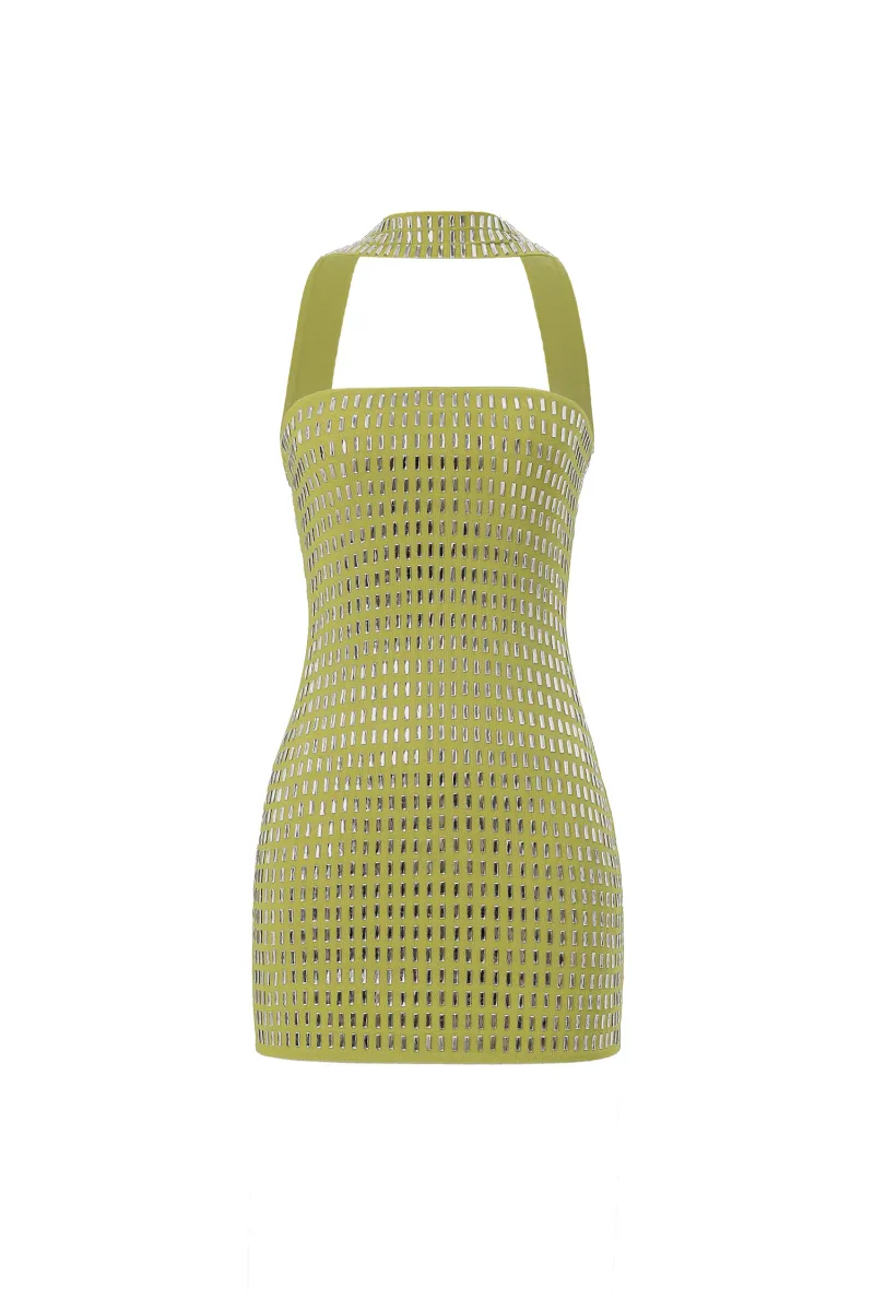 Vestido Mini Mindi Halter com Aplicações de Cristais