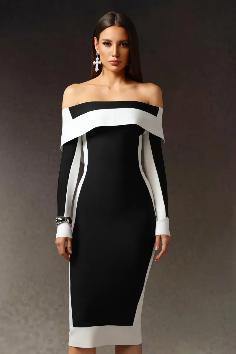 Vestido Midi Mattey Ombro a Ombro com Listras e Bandage