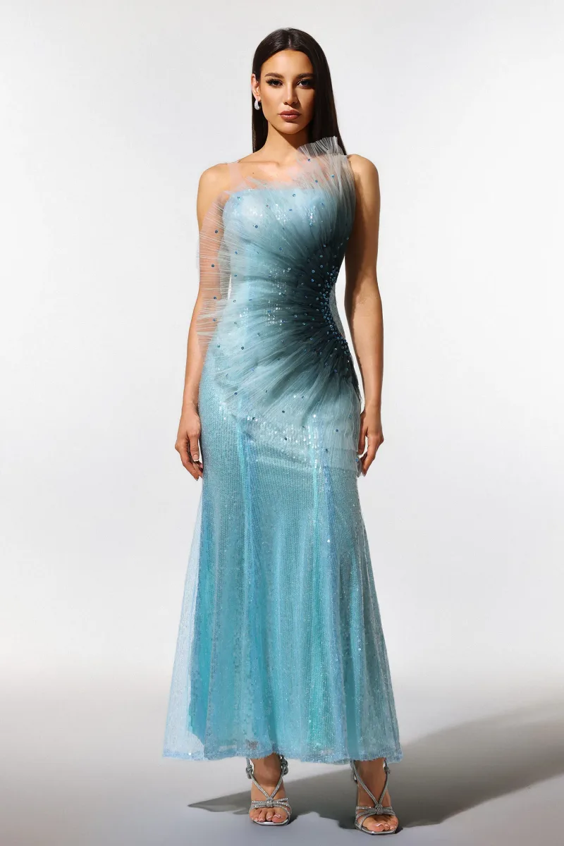Vestido Maxi Kiwis com Paetês e Cauda de Sereia