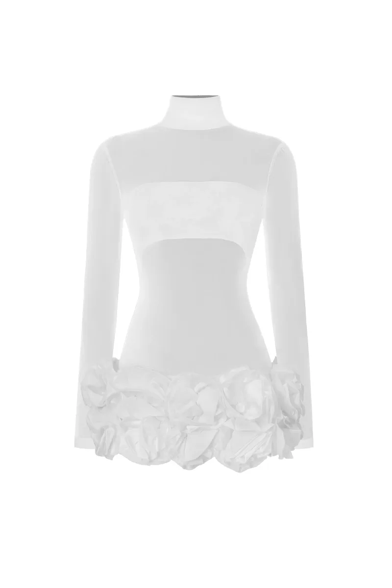Vestido Mini Halasa com Flores e Manga Longa