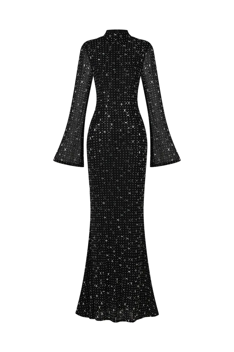 Maxi Dress Eurien Gargantilha com Manga Longa e Padrão Geométrico