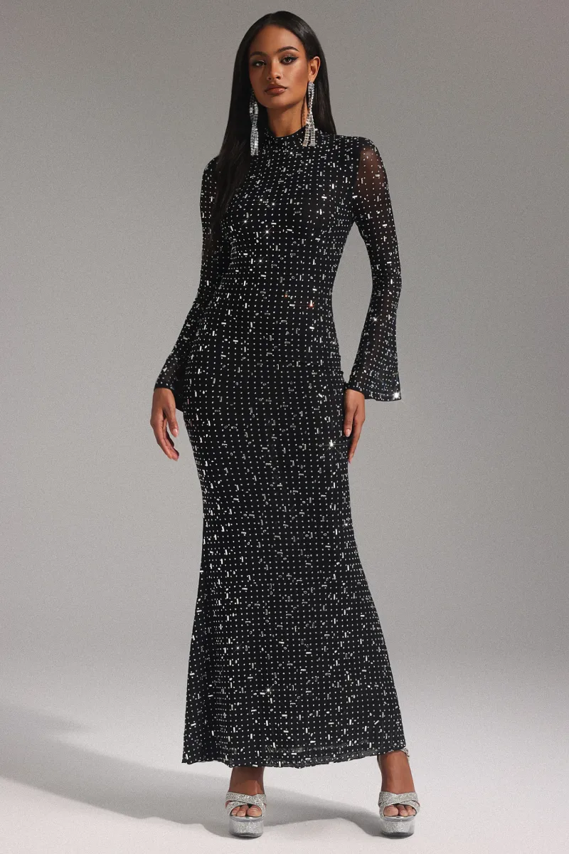 Maxi Dress Eurien Gargantilha com Manga Longa e Padrão Geométrico