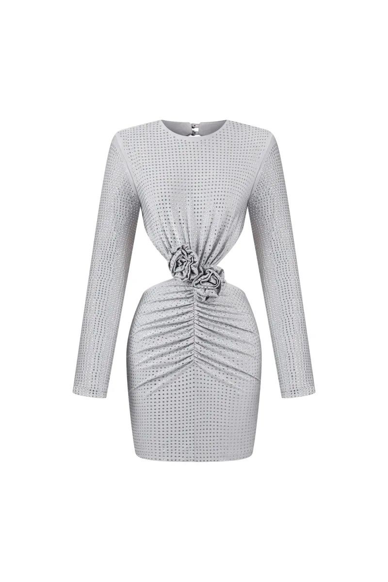 Vestido Mini Ella Manga Longa com Flores, Decote nas Costas e Strass