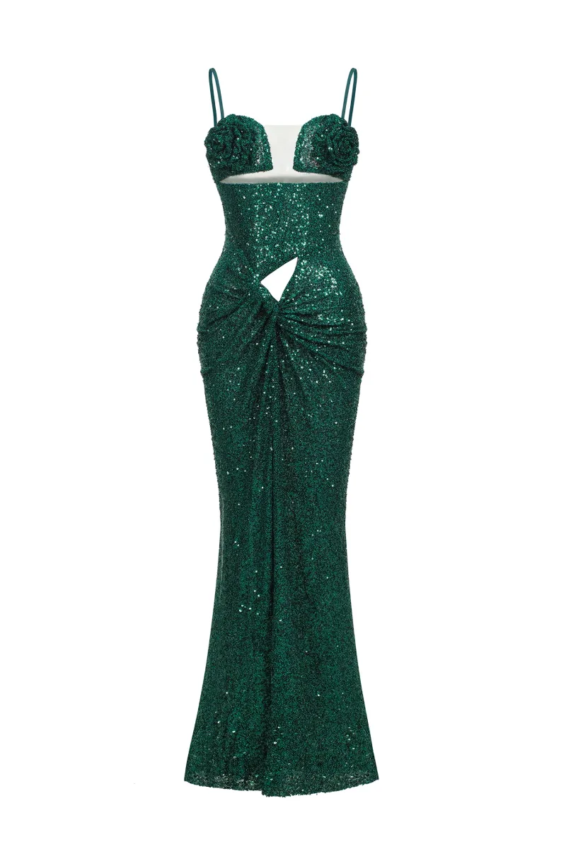 Vestido Maxi Megan com Cut-Out, Abertura e Paetê - Verde