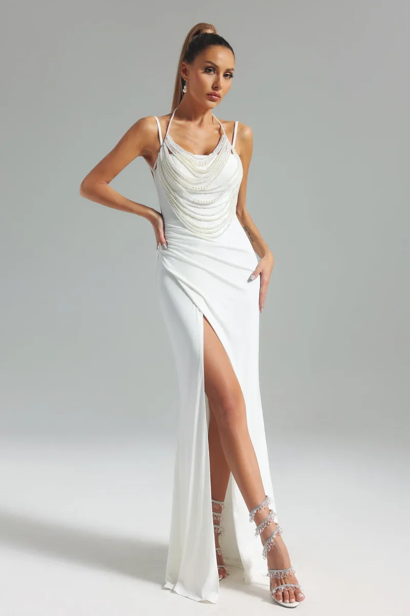 Maxi Dress Jayne com Pérolas e Fenda Alta