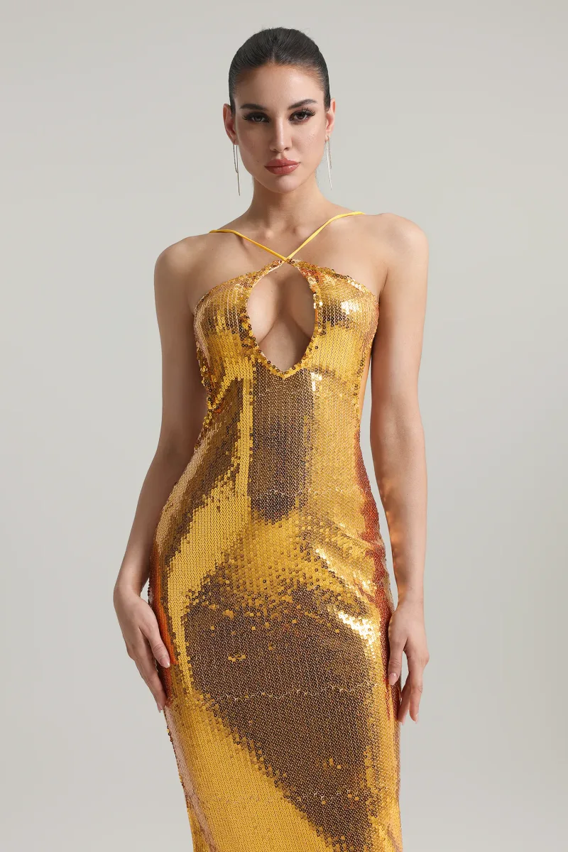 Vestido Maxi Hazada com Paetês, Decote Halter e Costas Nuas