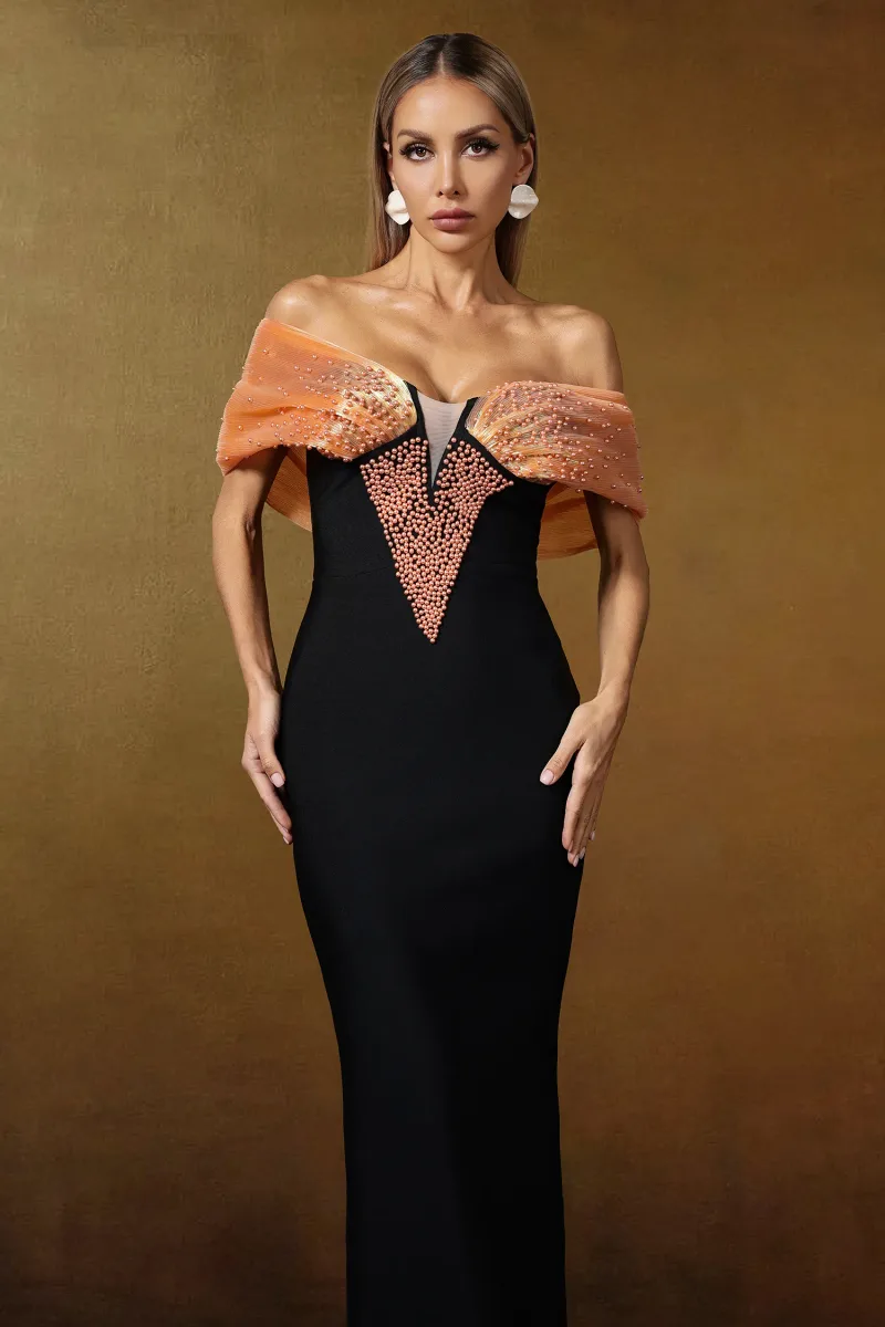 Dorie Deep-V Bandage One-shoulder Pearl Orange Maxi Dress