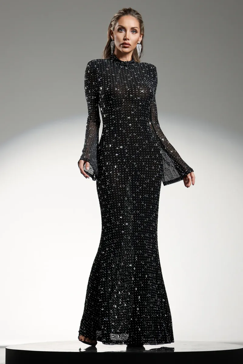 Vestido Maxi Gilian com Manga Longa e Gola Alta