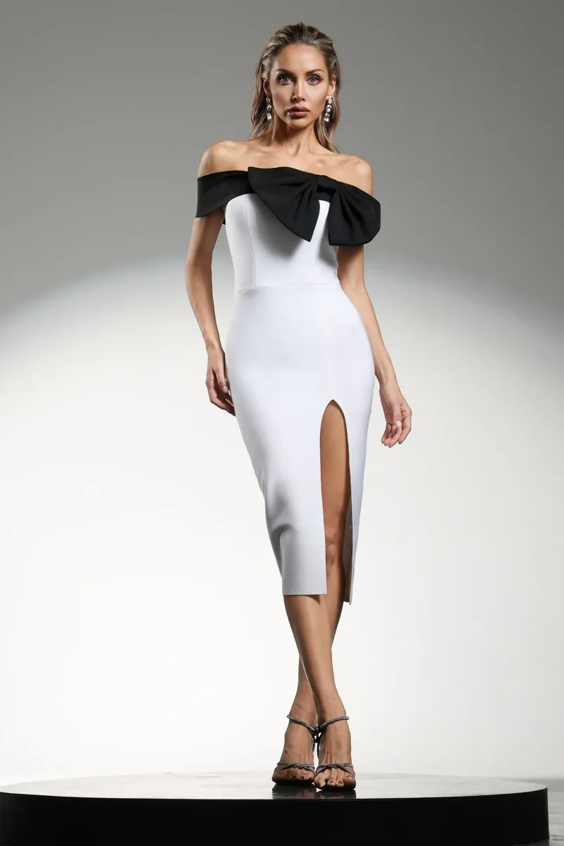 Vestido Midi Locava Ombro a Ombro com Laço e Contraste de Cores