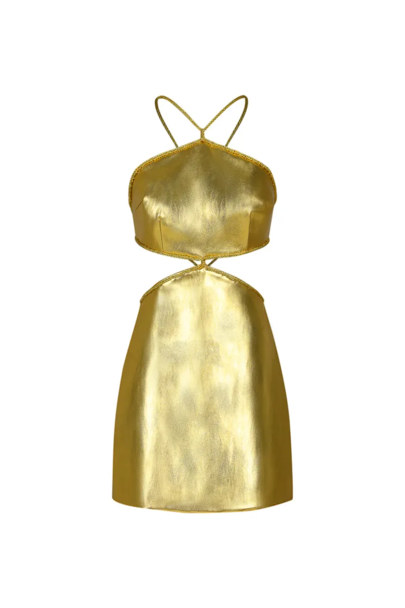 Vestido Mini Pola com Costas Nuas em Couro