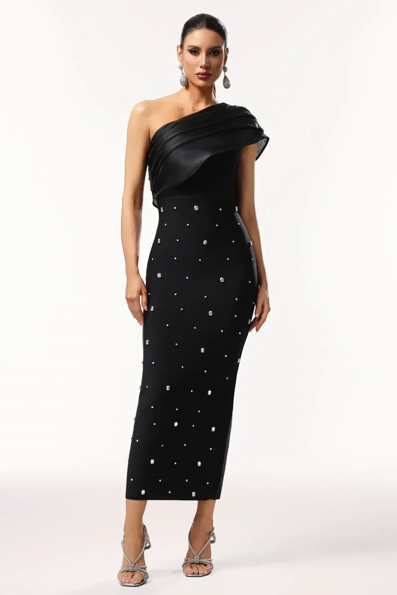 Vestido Maxi Bandage Ninon Ombro Único com Brilhantes