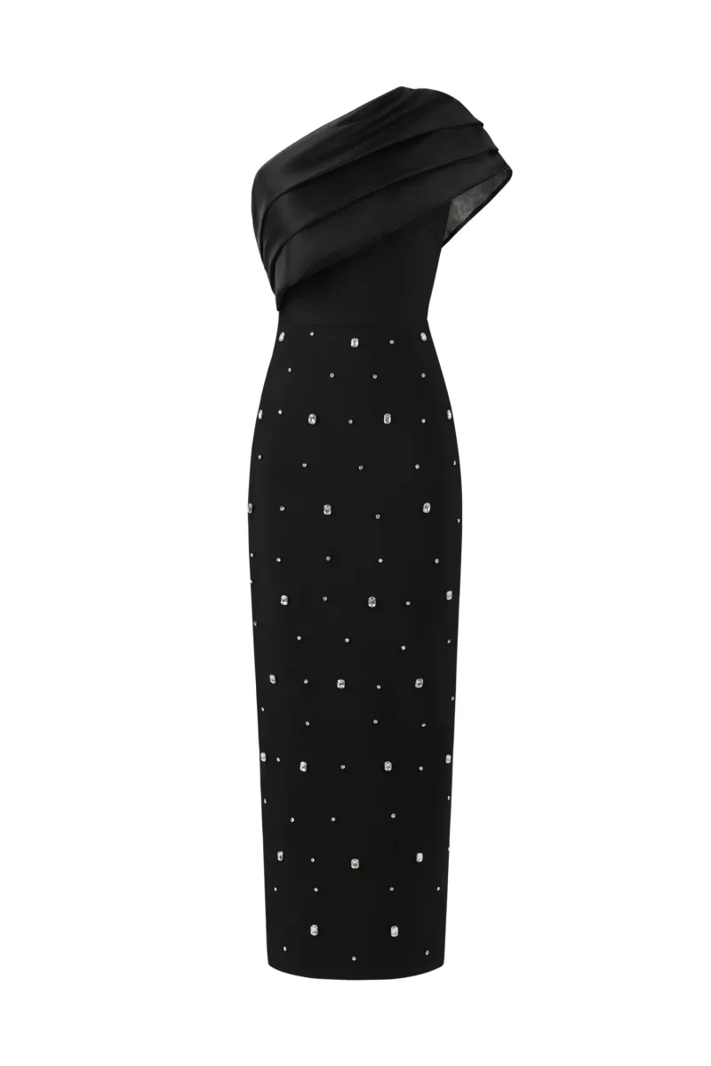 Vestido Maxi Bandage Ninon Ombro Único com Brilhantes