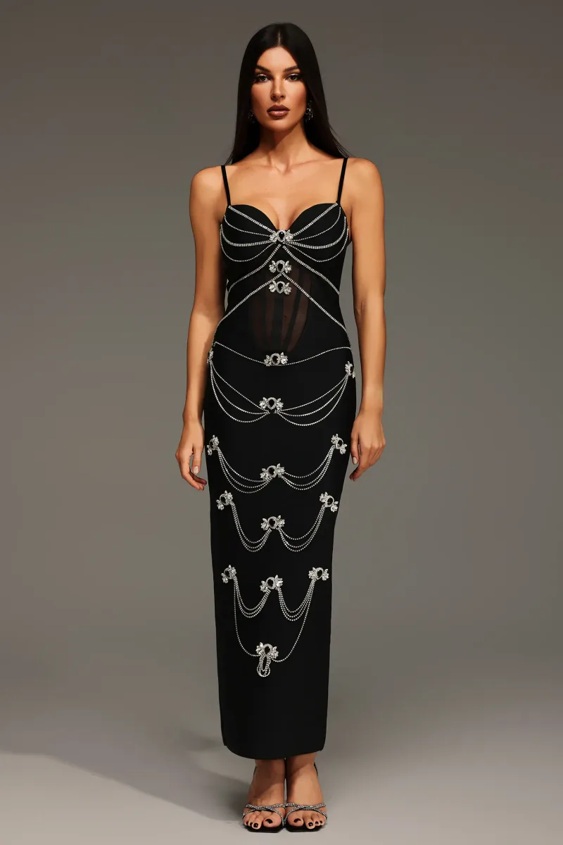 Vestido Maxi Lolic Sem Mangas com Decote V e Aplicações de Diamantes