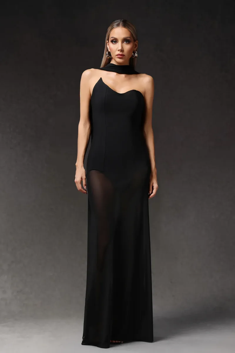 Vestido Maxi Ezgi Sem Mangas com Tule e Fita em Bandagem