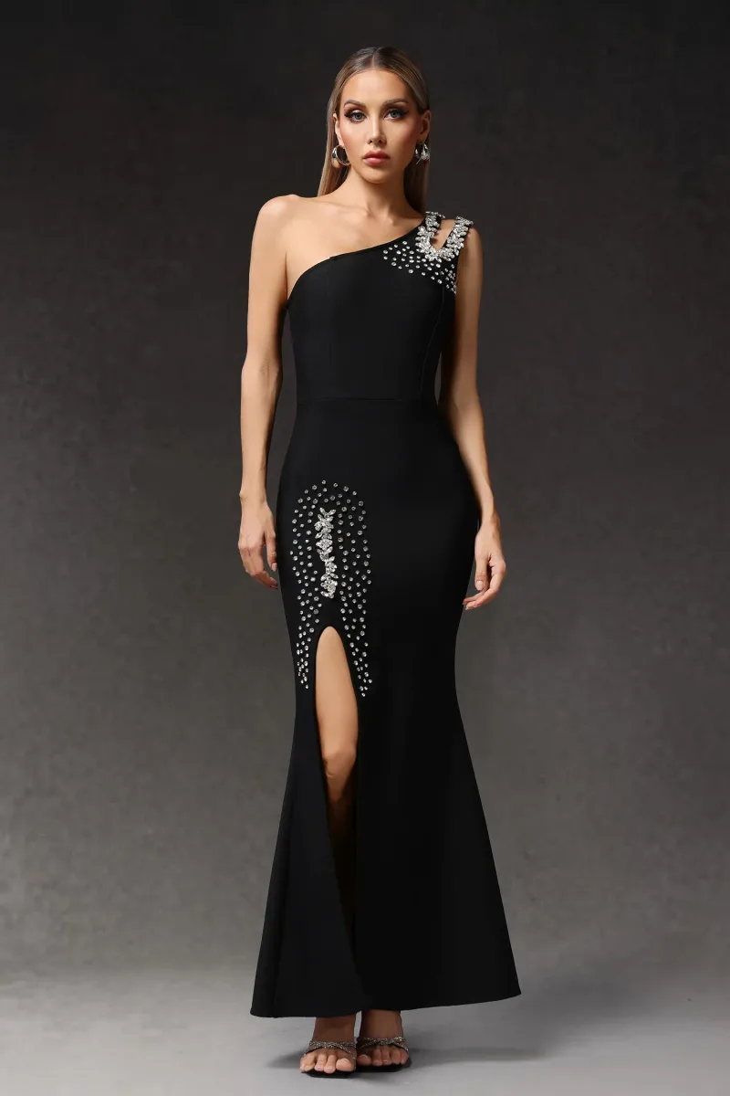 Vestido Maxi Sierra Um Ombro com Fenda Bandage