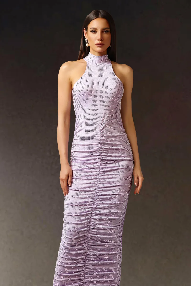 Vestido Kori Maxi Halter sem Mangas com Pregas em Diamante