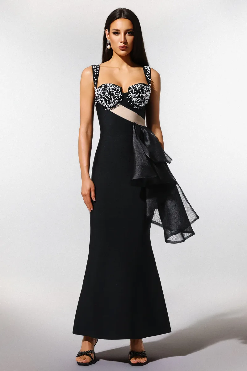 Vestido Maxi Havera sem Mangas com Mesh e Pérolas
