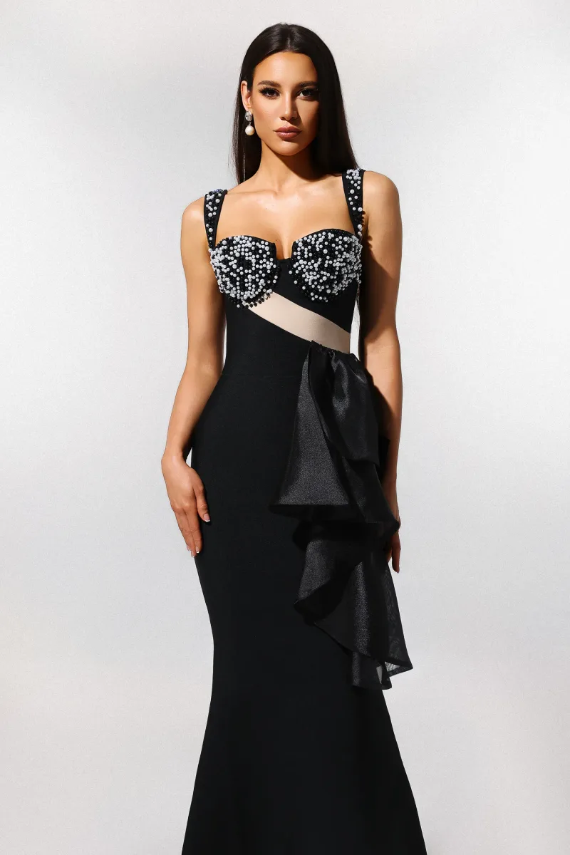 Vestido Maxi Havera sem Mangas com Mesh e Pérolas