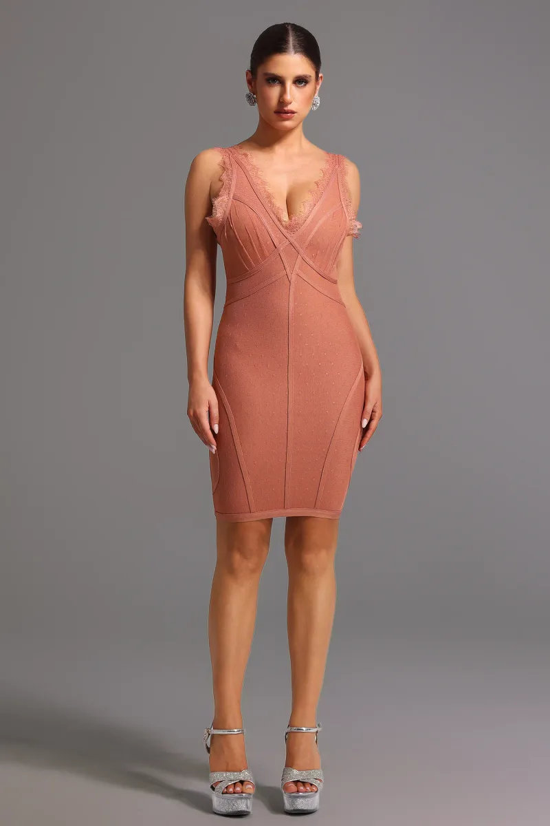 Vestido Mini Lionce Bandage Decote V sem Mangas com Renda