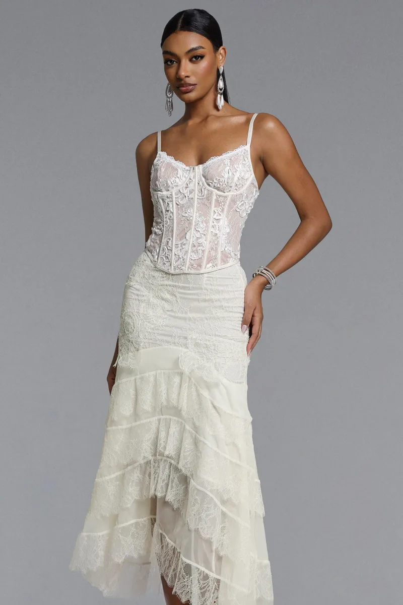 Saia Delilah Romantic Flowy Babado Renda Midi