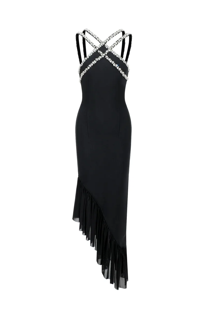 Vestido Maxi Nialla sem Mangas com Detalhes em Strass