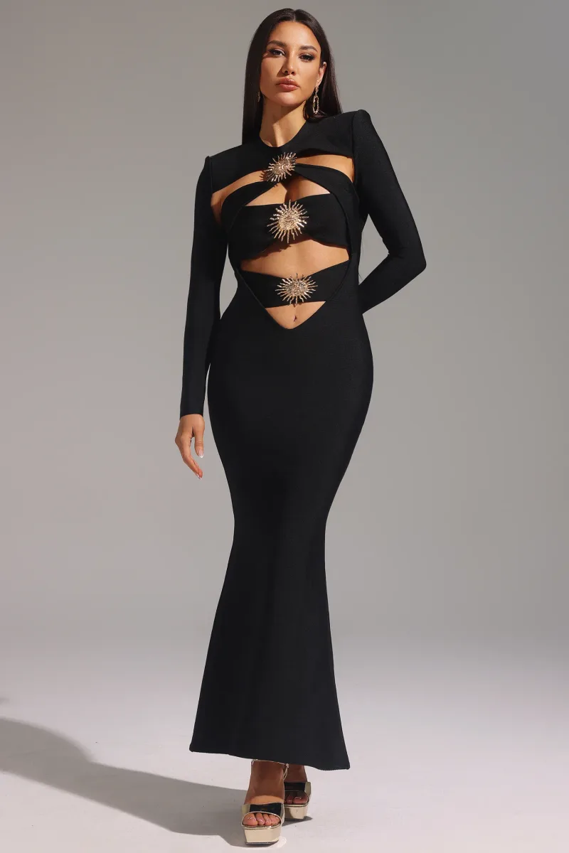 Vestido Maxi Filasy com Manga Longa e Recortes