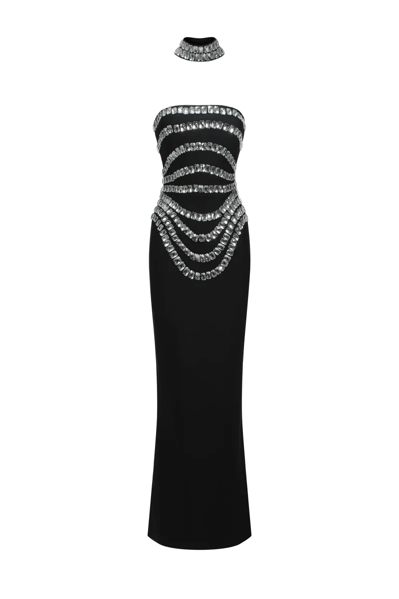 Vestido Maxi Wanda com Aplicações de Diamantes