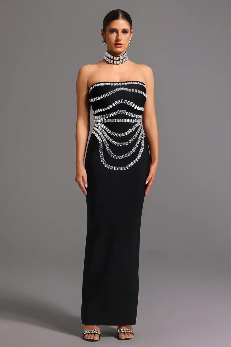 Vestido Maxi Wanda com Aplicações de Diamantes