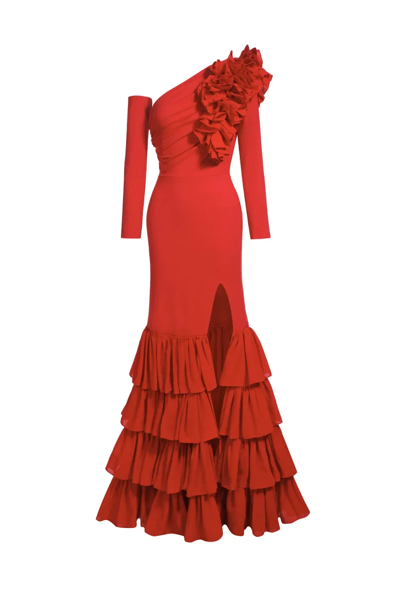 Vestido Maxi Vedasa Ombro Único com Mangas Longas e Fenda