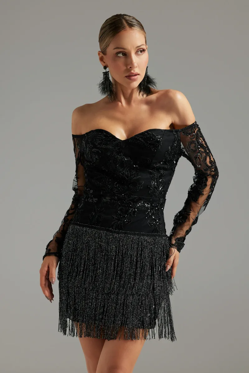 Vestido Mini Ludia com Renda, Paetês e Franja Ombro a Ombro